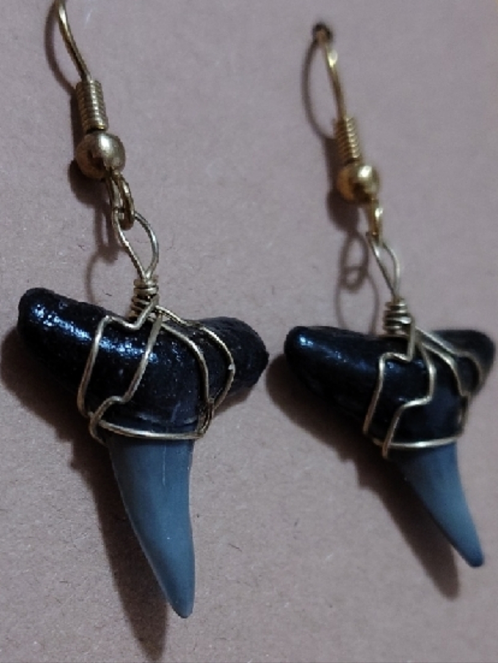Sand Tiger Shark Tooth Fossil Earrings Wire Wrapped Y2K Boho Coastal - Picture 3 of 6